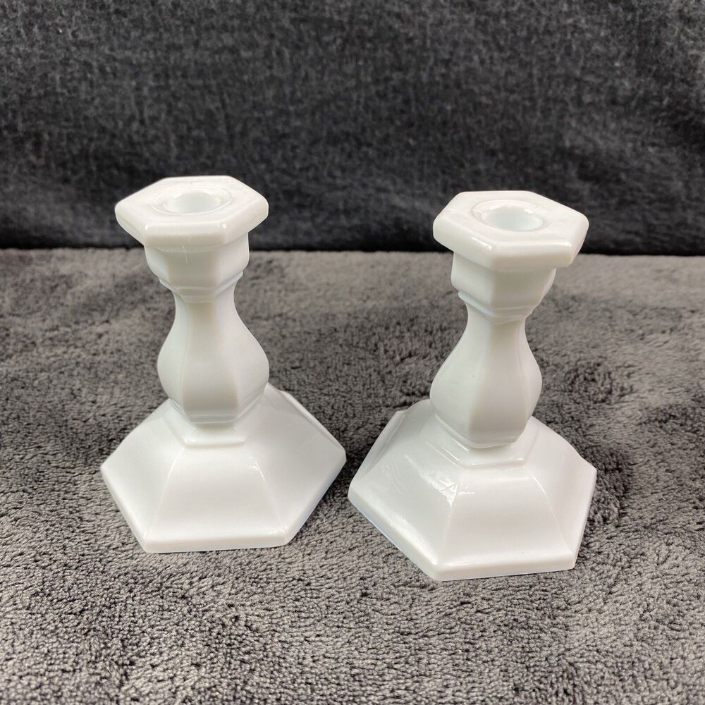 Set of 2 Tiara Style Milk Glass Candlestick Holders 3" Vintage White Taper MCM